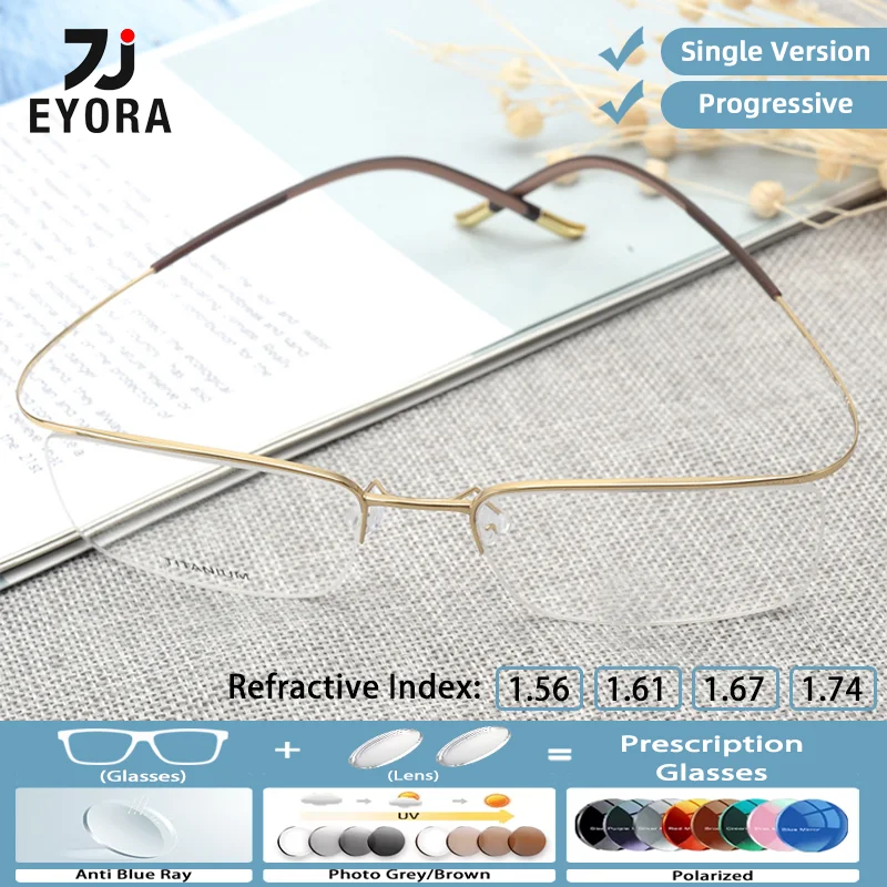 EYORA Half-Frame Pure Titanium Reading Glasses for Men Photochromic Anti Blue Ray Intelligent Progressive Multifocal Lenses