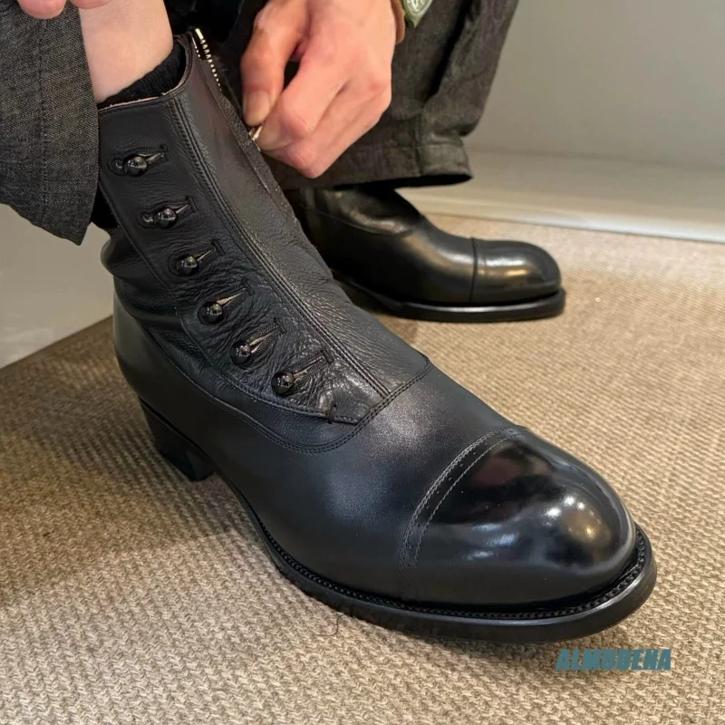 

Black Genuine Leather Men's Button Chelsea Boots Round Toe Elastic Side Low Heel Urban Outdoor Minimalist Fashion Work Shoes