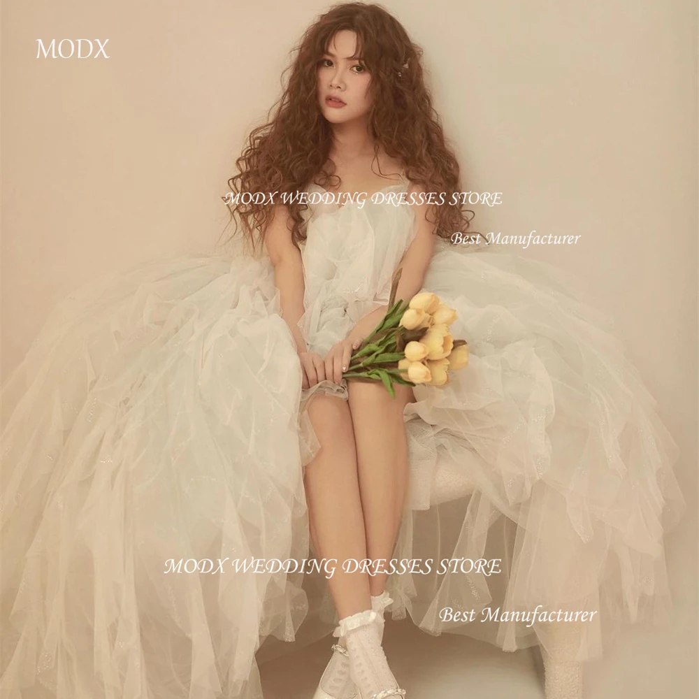 MODX blanc Tulle robes de mariée Photoshoot corée Spaghetti sangle bouffée longueur de plancher princesse dos à lacets robes de soirée