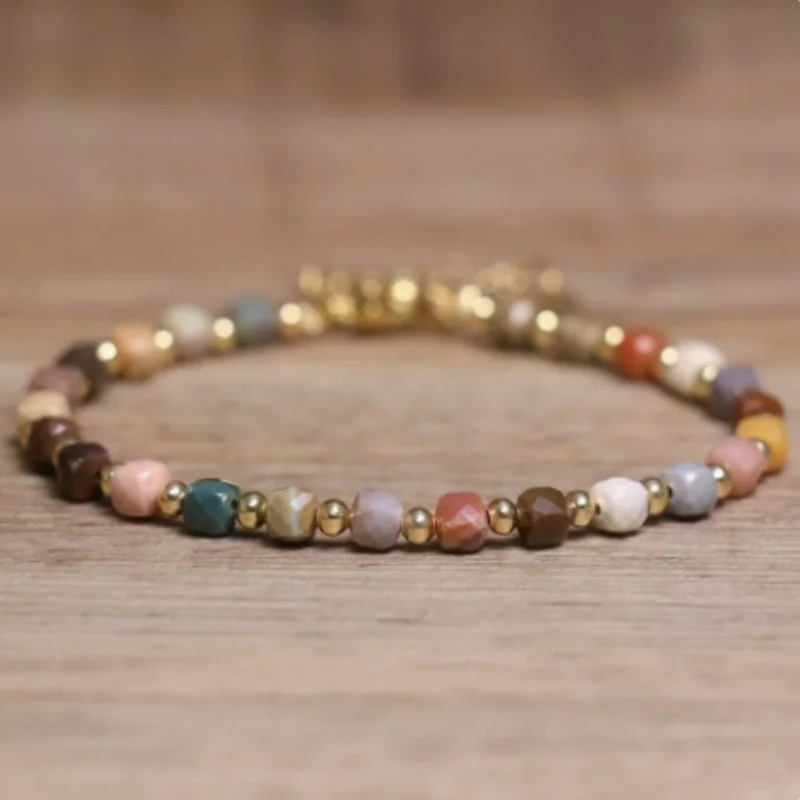 Natural Stone Bracelet for Women Squared Rainbow Tourmaline Green Aventurine Beaded Bracelet Stainless Steel Chain Jewelry 01
