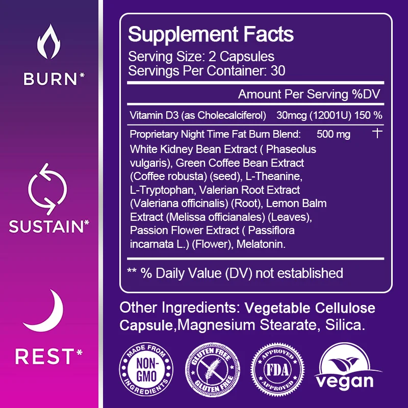 Slimming Capsule Night Time Fat Burner for Weight Loss, Boost Metabolism, Suppress Appetite Diet，Healthy Weight Management