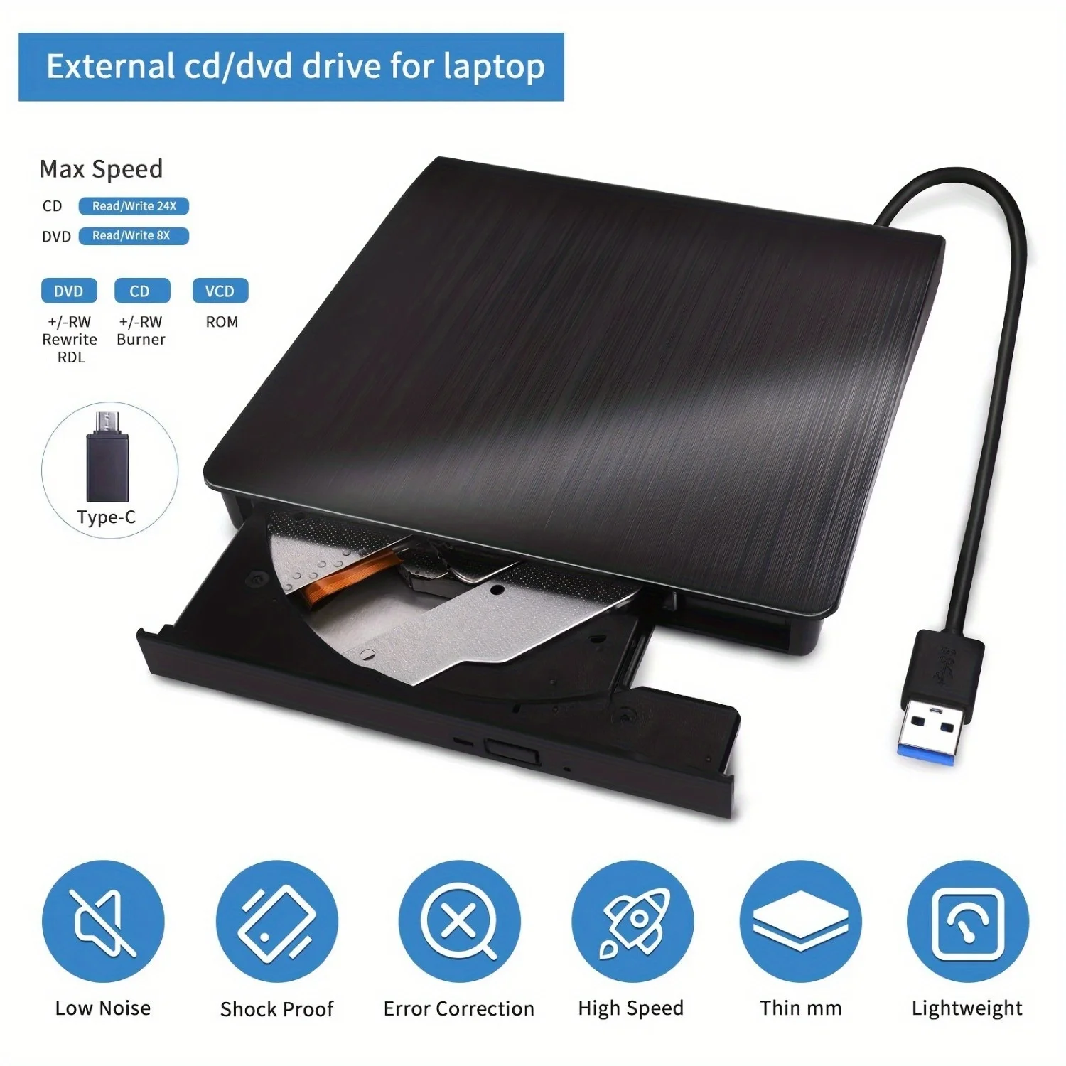 3.0 USB 외장 DVD 드라이브 - 노트북, Windows, Linux용 휴대용 CD/DVD +/-RW 버너 리더 - 완벽한 플러그 앤 플레이