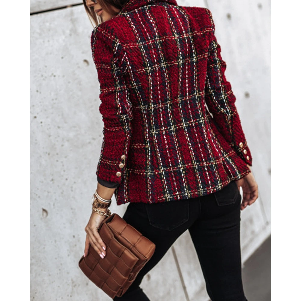 Women Striped Print Long Sleeve Nothched Collar Double Breasted Blazer Skinny Coat