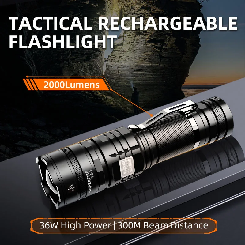 New SUPERFIRE V8-S 36W High Power LED Tactical Flashlight 5000LM Telescopic Zoom Torch USB Rechargeable Camping Fishing Lantern