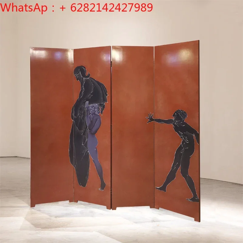 

Customized medieval screen minority art hand-painted abstract simple folded mobile solid wood lacquer painting