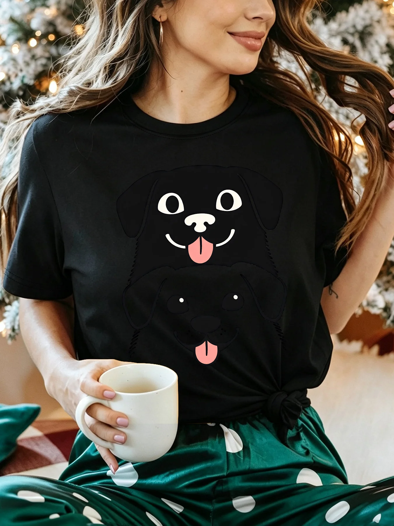 Women Crew Neck Tee Lovely Stacked Cartoon Dogs Smiling Face Graphic Print Short Sleeve Loose Ladies Cotton Plus Size Casual Top