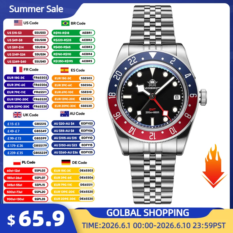 

ADDIESDIVE Men Quartz Watch GMT 515-24H Dual Time Zone Watches 200m Waterproof BGW9 Luminous Bubble Glass 316L Steel Wristwatch