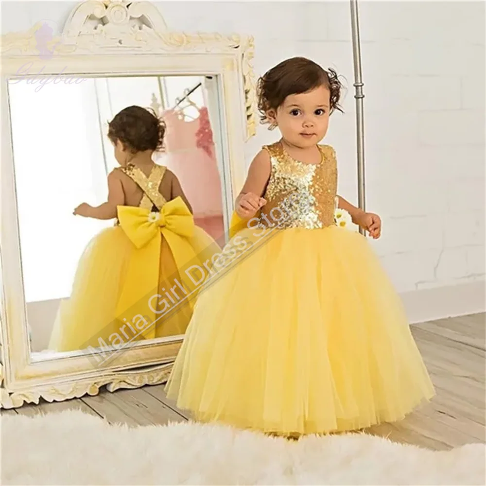 Amarelo menina vestido lantejoulas 2025 bonito flor menina vestidos festa de aniversário evento personalizado festivais beleza pageant