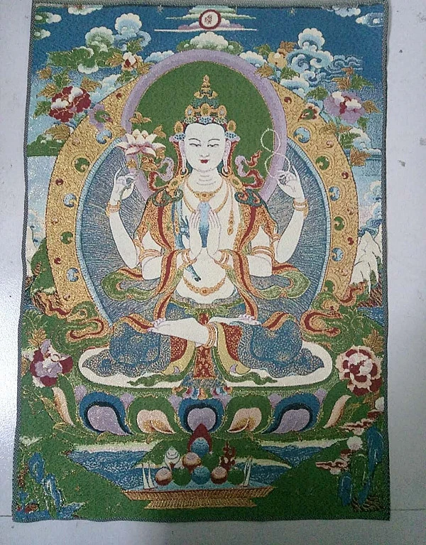 Chinese Folk Silk embroidery Green Tara Mahayana Buddhism Thangka Painting Mural 24 inch,36inch