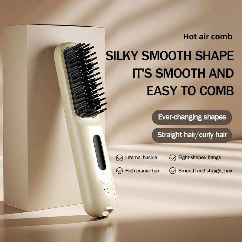 Cordless Hair Straightener Brush, USB Rechargeable, 4 Temp Anti-Scald Hot Comb for Straight/Curly Hair, Portable Styling Tool