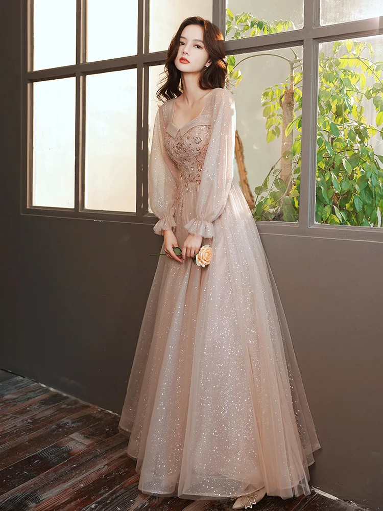 Champagne Embroidery Beading Evening Dress Women's New Autumn Glitter Flake French Style Long Sleeve Lace Bridesmaid Dress