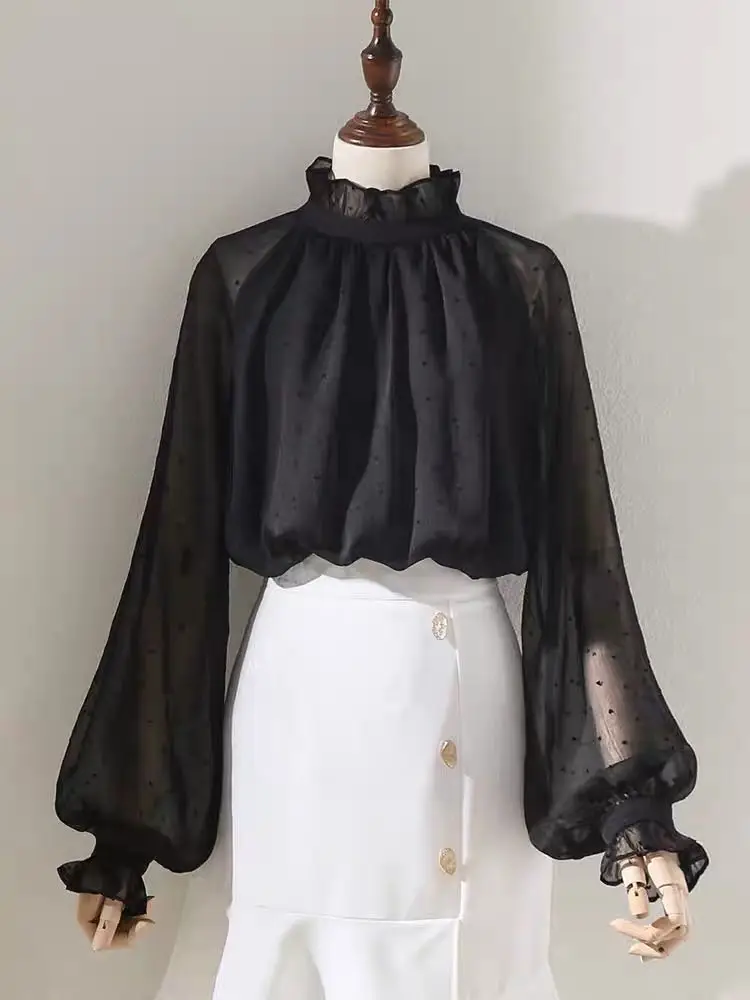 All Match Black Polka Dot Chiffon Women Blouse Shirt Autumn 2024 Ruffles Neck Lantern Sleeved See Through Lady Elegant Tops