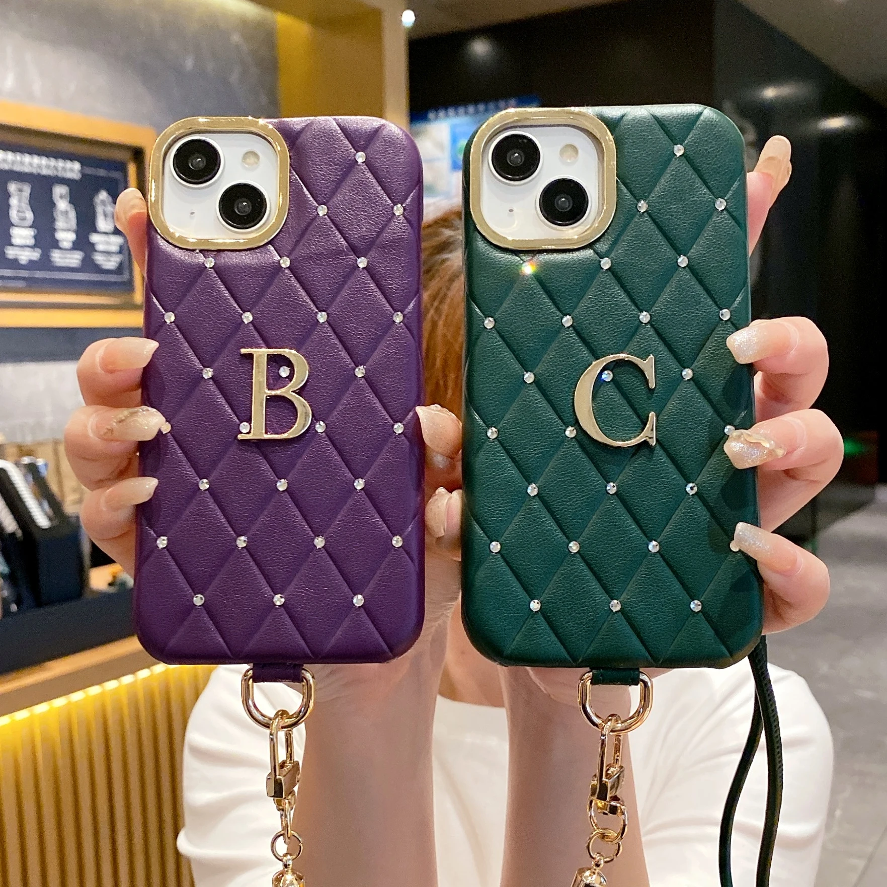 

Customized name full diamond Rhombus initials leather Phone case for iPhone16 15 14 13 12Promax crossbody lanyard Cover