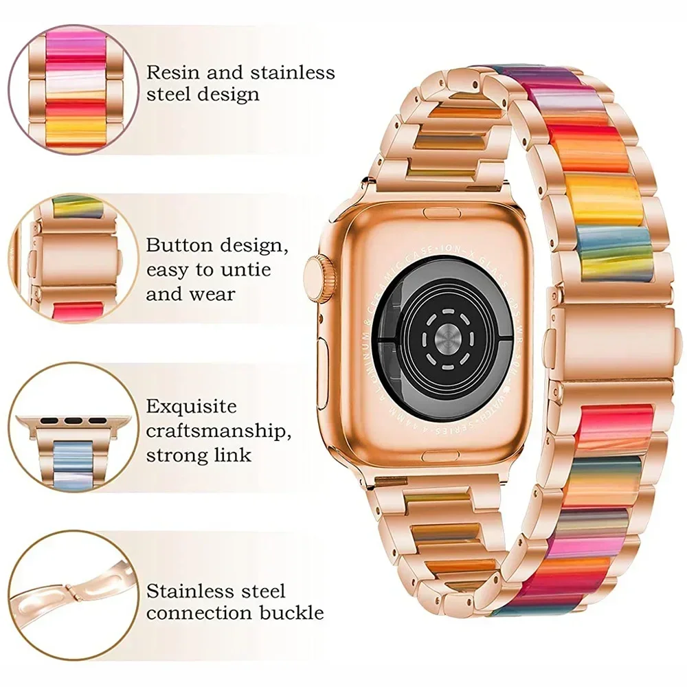 Cute Stainless Steel+resin Strap for Apple Watch Band 10 42mm 46mm 9 8 7 41mm 45mm Women Bracelet for IWatch 6 5 4 se 40mm 44mm