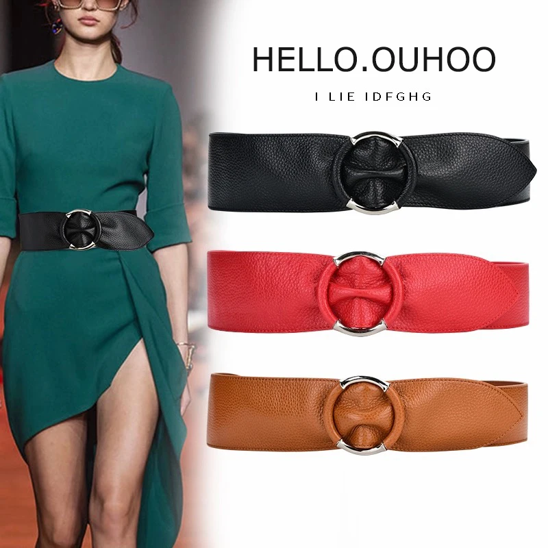 

Women Wide Waist Belt Women's Solid Color Leather Waistband Versatile Decorative Coat Dress Sweater Circle Buckle Retro Girdle