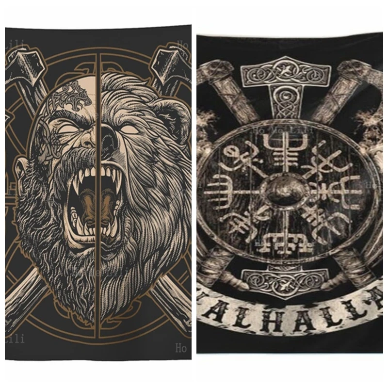 The Axe And Compass Sign Norse Viking Berserker Tapestry Pagan Medieval Scandinavian Valhalla Mythology Bear Wall Hanging