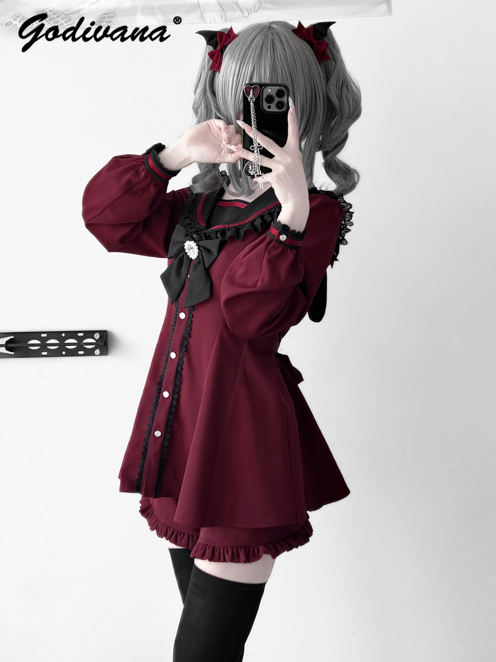 2025 신상 봄 일본 마이네 시리즈 세일러 칼라 귀여운 리본 슬림 긴팔 드레스 + 숏 투피스 여성 로리타 의상