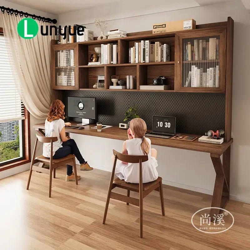 Solid wood desk Hole board Bookcase All tables against the wall Double home study Student study table Desk