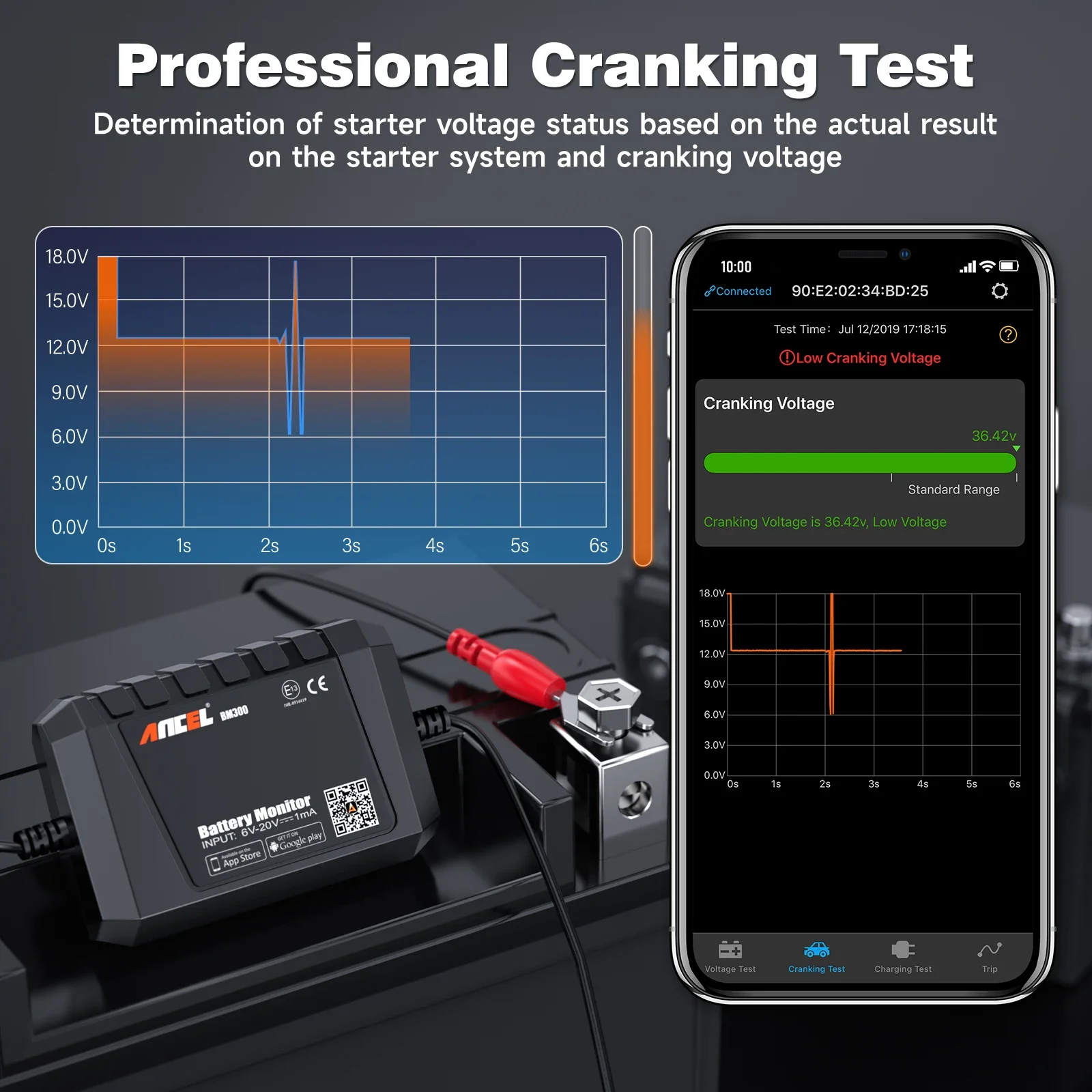 ANCEL BM300 12V Battery Tester Bluetooth Cranking System Charging Cranking Voltage Test Battery Monitor Battery Test For Android