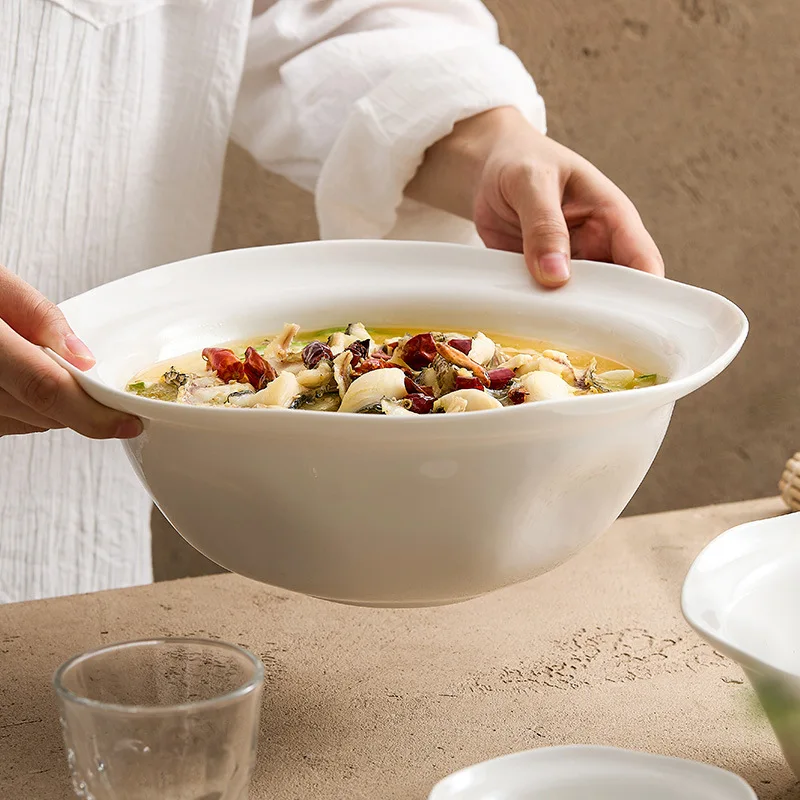 Flower Boiled Fish with Pickled Cabbage and Chili Large Pot Deep Soup Bowl Household High-Grade Tableware Ceramic