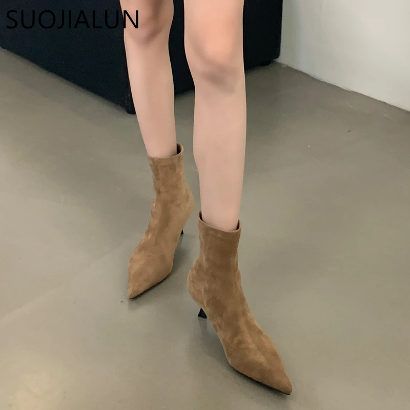 SUOJIALUN 2024 Winter New Pointed Toe Women Ankle Boots Fashion Slip On Ladies Elagant Skinny Boots Thin High Heel Dress Pumps