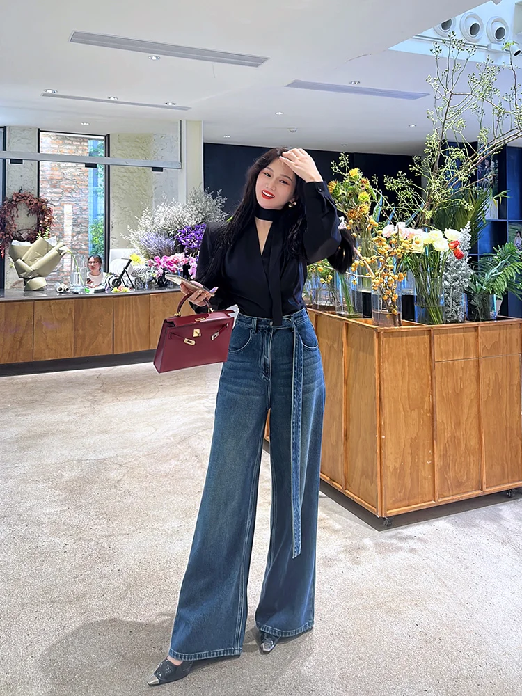 

Джинсы с высокой талией, утягивающие, на флисовой подкладке, синие, повседневные, широкие, свободного кроя, удобные, с высокой талией, фасон «bootcut»