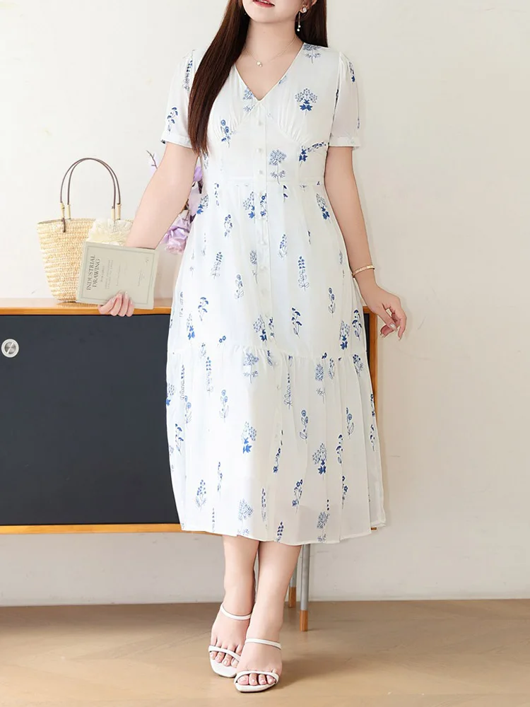 French Chiffon V-neck Dress for Women, Floral Print, White Dress, Elegant Puff Sleeve, Good Quality, Plus Size, Summer, 2024