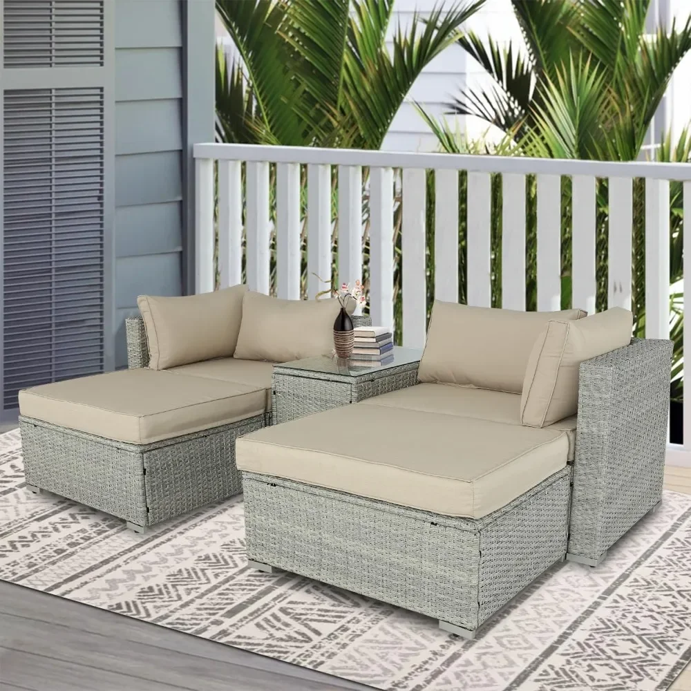 5 Pieces Patio Furniture Set Outdoor Sectional Rattan Daybed Conversation Sofa Set Wicker Couch with & Tempered Glass