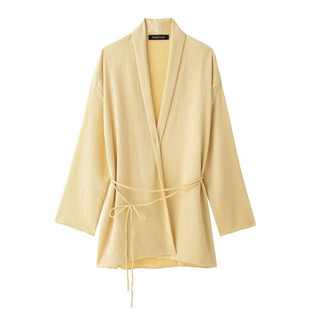 แฟชั่น 2 ชิ้นชุดผู้หญิงฤดูใบไม้ผลิฤดูร้อนสไตล์กิโมโนหลวม Lace Up เสื้อผู้หญิงกางเกงขากว้างชุด