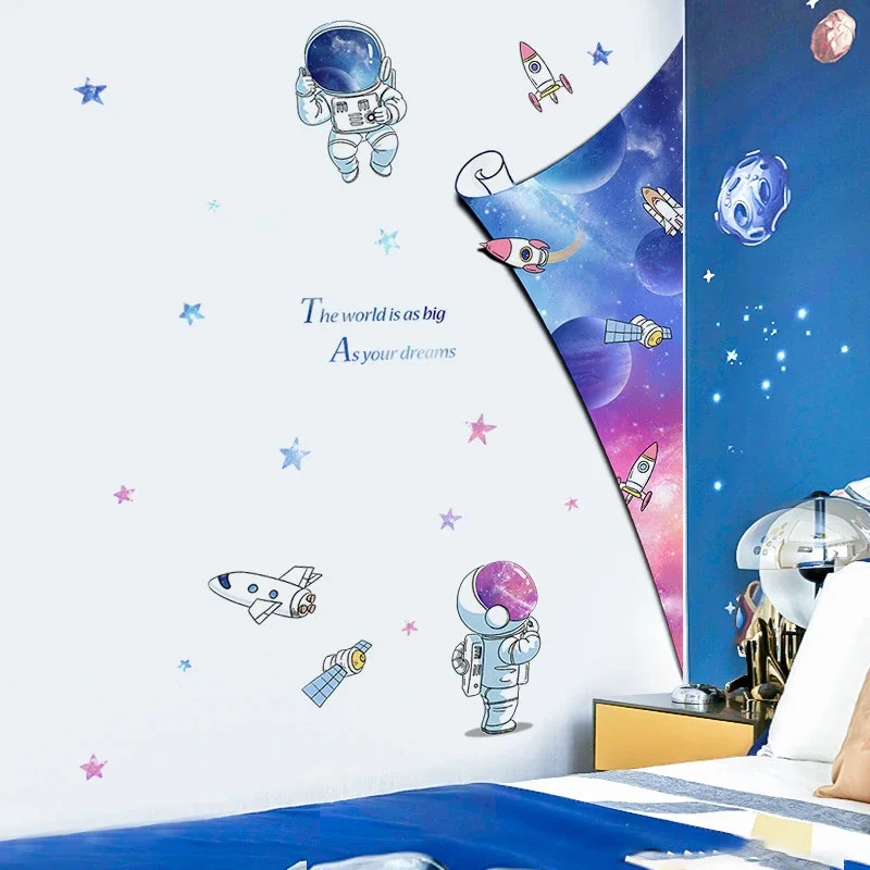 Cartoon Wall Stickers Starry Sky Astronaut For Kids Rooms Home Child Bedroom Wall Decor Self Adhesive Vinyl Sticker Wallpapers