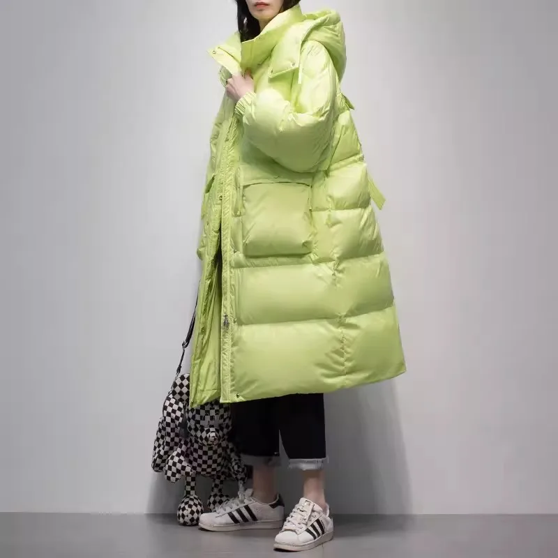 Fluorescent green Down Jacket Women\'s 2023 Winter New Korean version Hooded White duck Coat Female Fashion Casual Long Overcoat