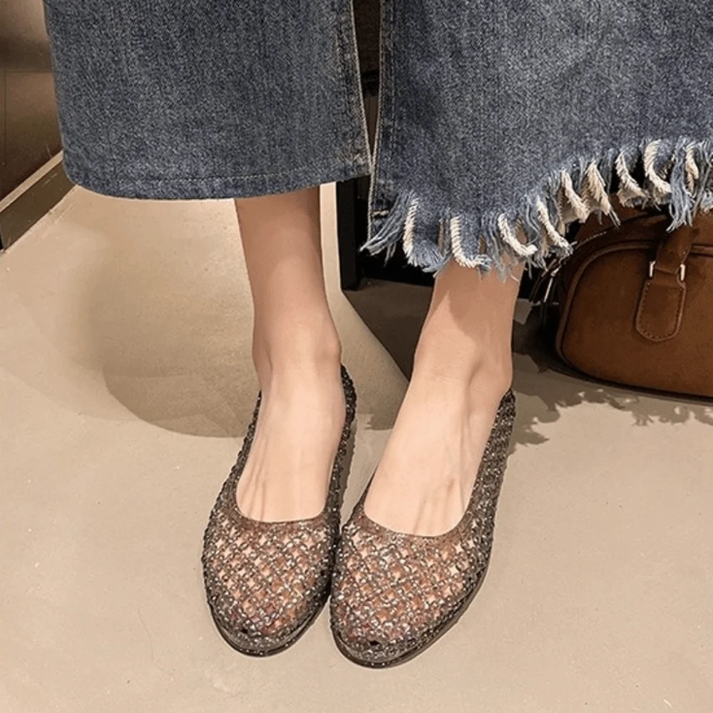 Soft Glitter Inlay Jelly Shoe Hollow Out Crystal Look Beach Shoe Breathable Flat Sole Slip On Shoe Casual Travel