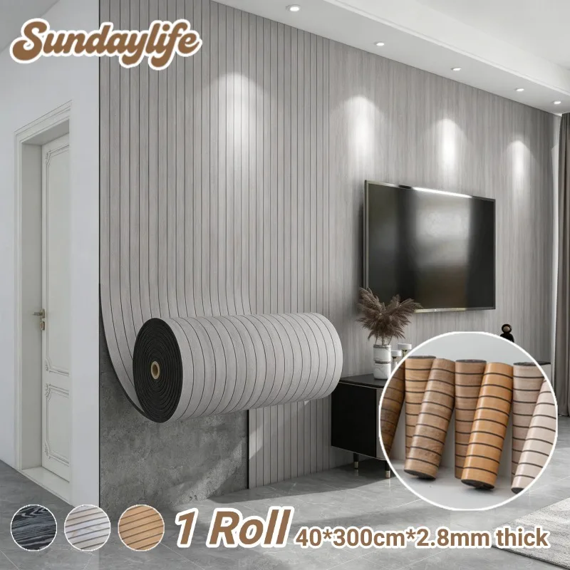 

Wood Grain 3D Wallpaper Grille Fluted Wall Panel Peel and Stick Wallpaper for TV Background Bedroom Decor Thick Wall Sticker