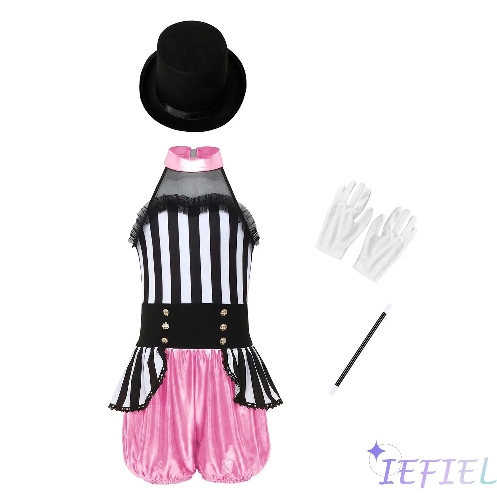 

Kids Circus Ringmaster Performance Costume Set Girls Metallic Sleeveless Patchwork Magician Jumpsuit with Hat Wand Gloves Set