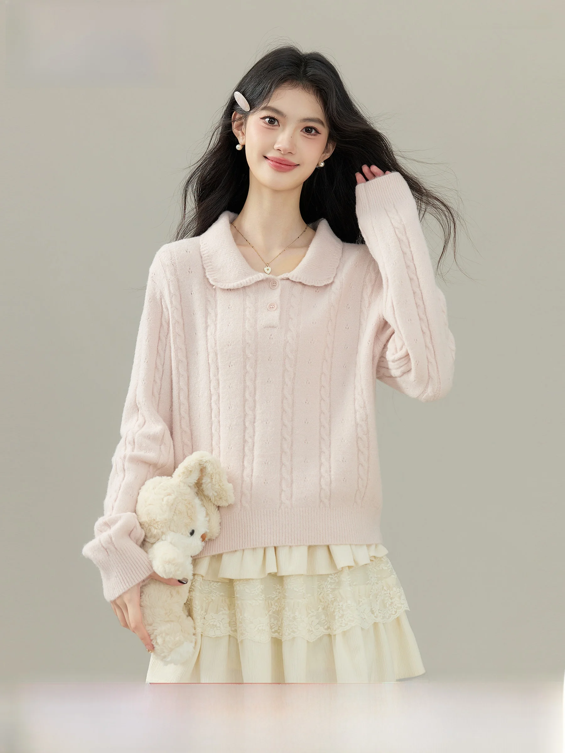 

Ruched Heart Pink Knitted Sweater Women's Autumn Winter New Lazy Overhead Collar Knitted Top Loose Sle Long Sve Regular ...
