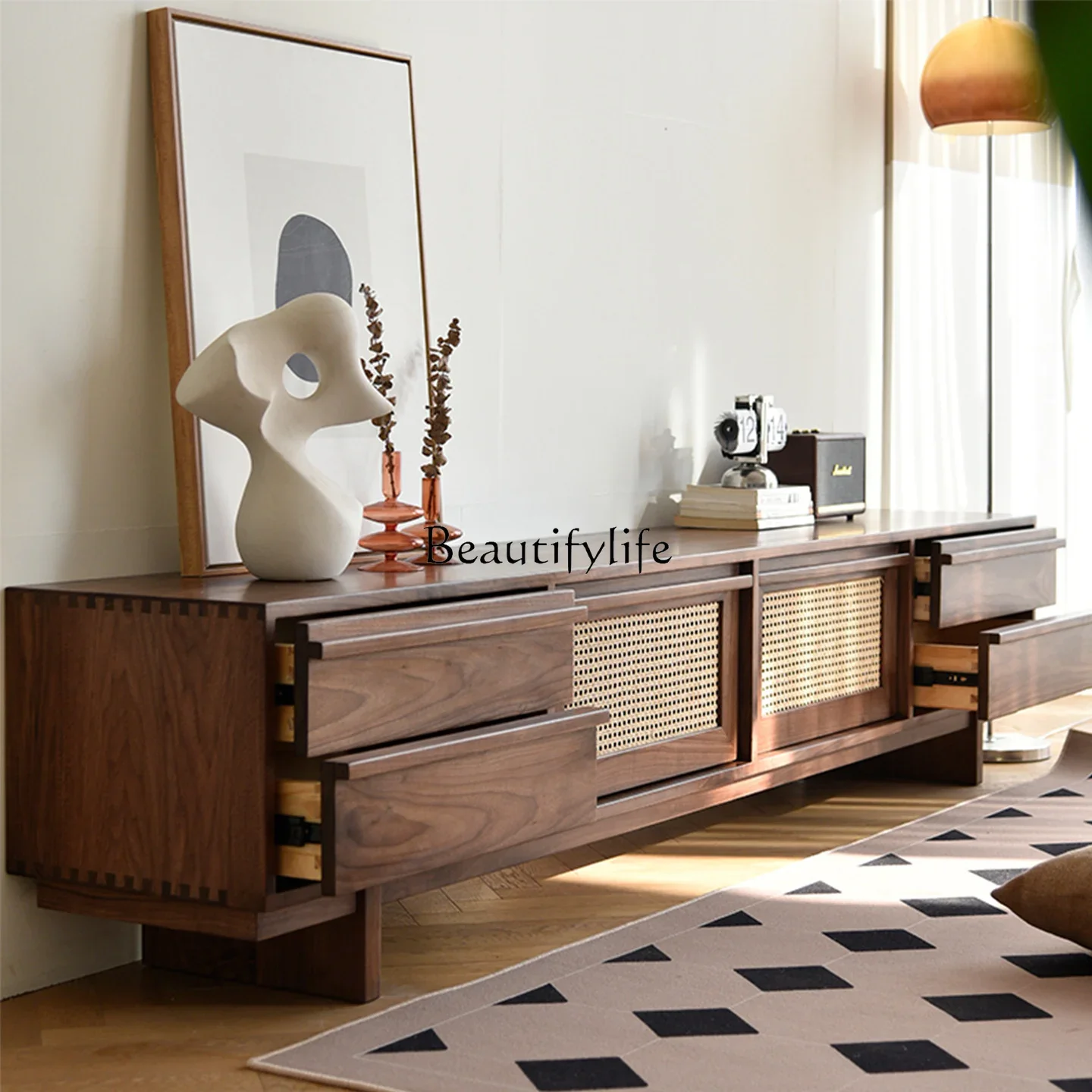 

yj19 Black walnut bone line TV cabinet small apartment medieval audio-visual cabinet wabi sabi retro