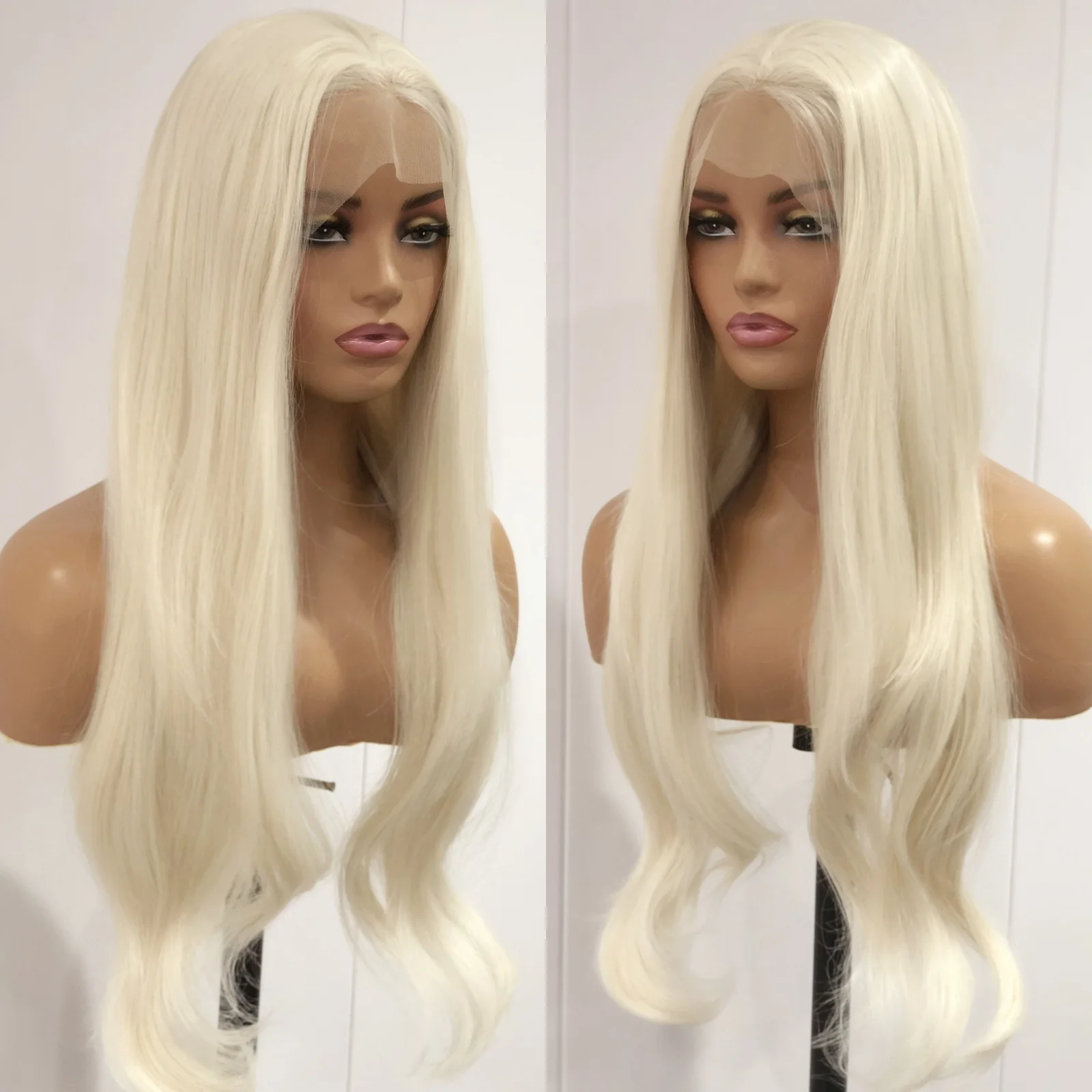 Peluca rubia platino para mujer, pelo sintético ondulado Natural con malla Frontal, largo y liso, color blanco, 13x4, fiesta