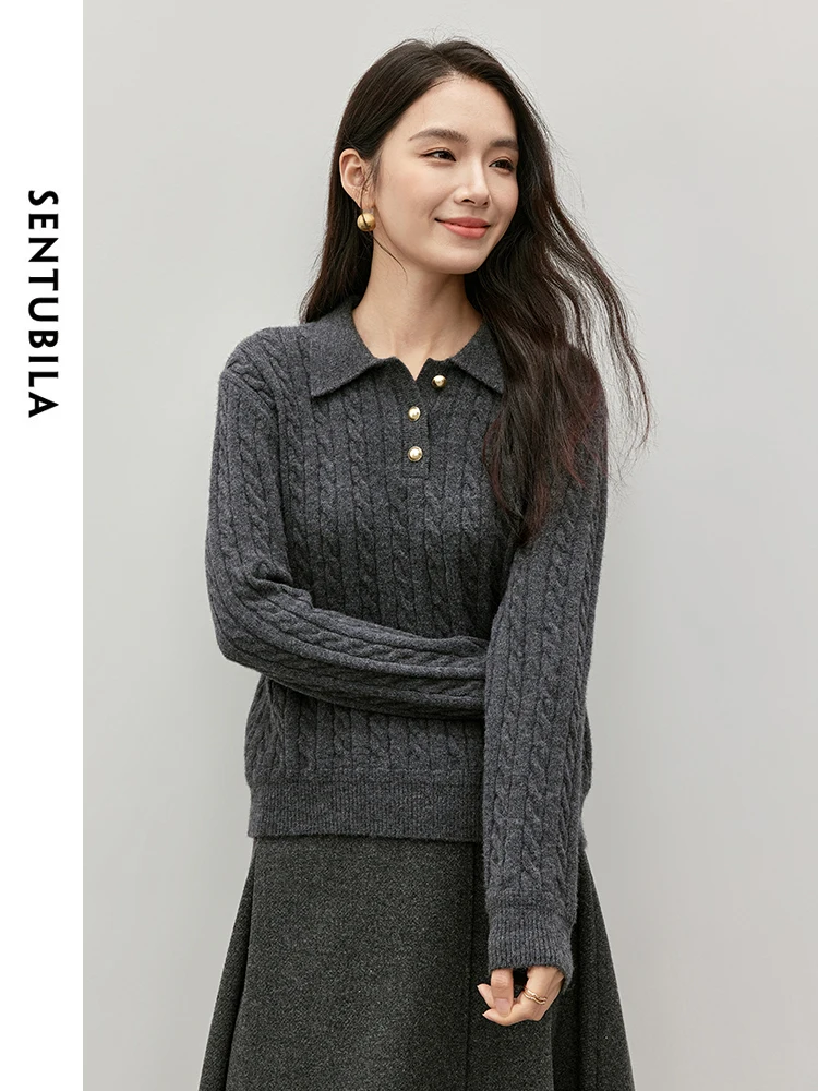 SENTUBILA Letter Embroidery Wool Pullovers for Women 2024 Winter Loose Knitted Polo Neck Long Sleeve Women Clothing W44E57156