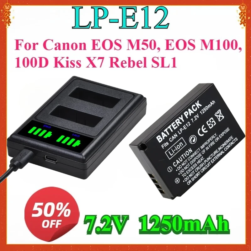 

New For LP-E12 LP E12 Li-ion Replaceable camera Battery+LED USB Dual Charger for Canon EOS M50, EOS M100,100D Kiss X7 Rebel SL1