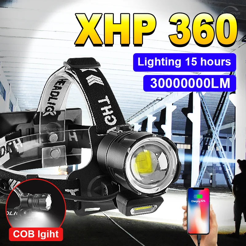 

XHP360 High Power Headlamp Super Bright Flood Lights USB Rechargeable Led Head Flashlight Outdoor Long Range Camping Head Torch
