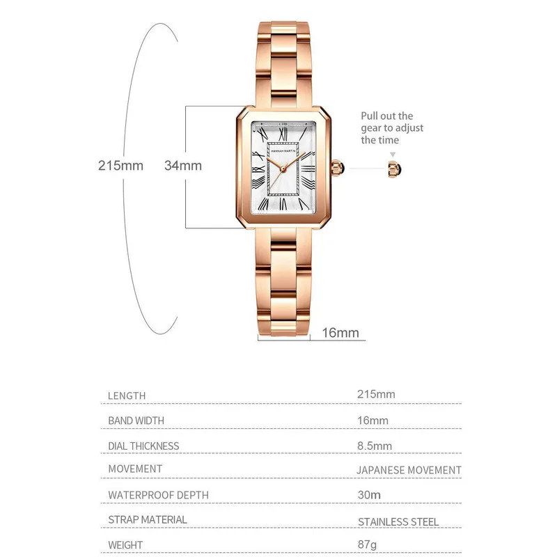 HANNAH MARTIN Watch for Women Japan Quartz Movement Luxury Square Roman Digital Stainless Steel Strap Women Watch Reloj Mujer