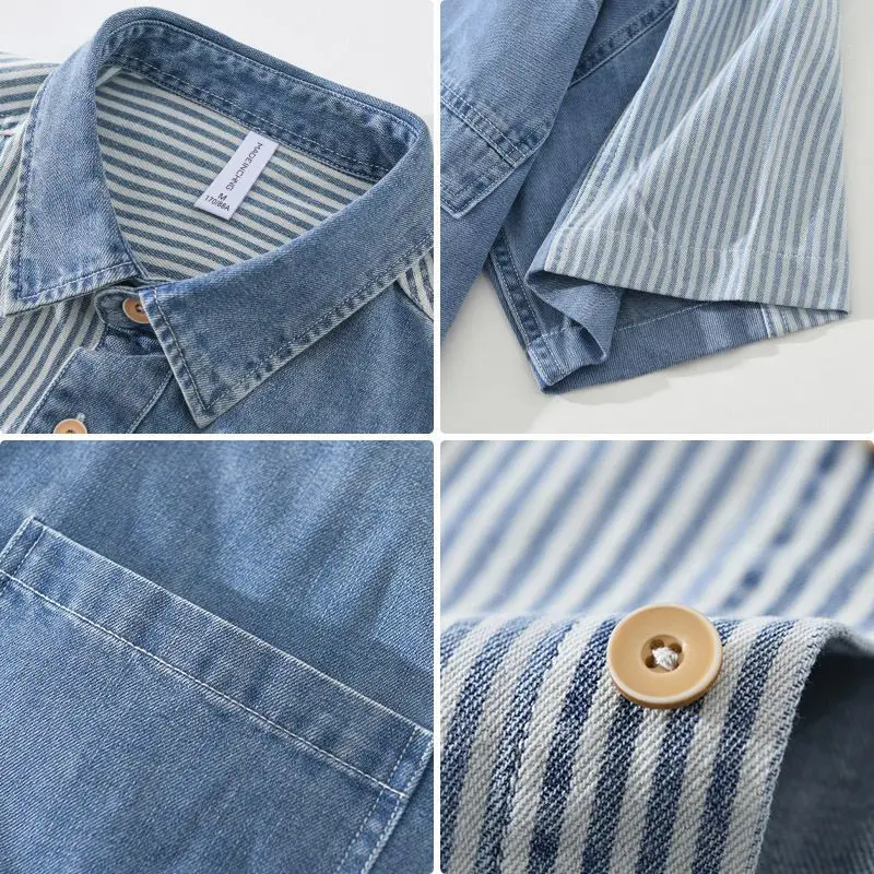 Contrasting color splicing striped denim short-sleeved shirt personalized trend shirt ruffian handsome half-sleeved shirt