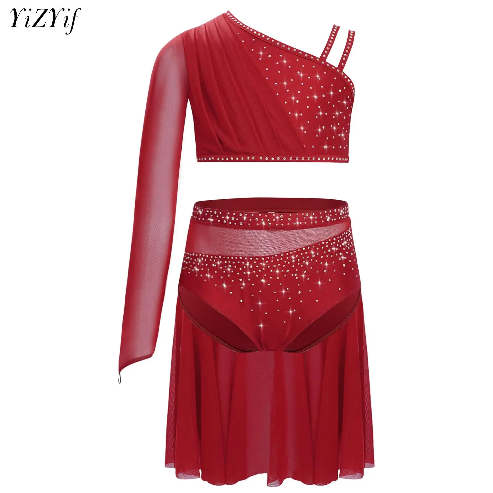 

Kids Girls Ballet Dance Sets Gymnastics Tops Irregular Shoulder Crop Top with Briefs Skirted Suit Lyrical Performance Costume