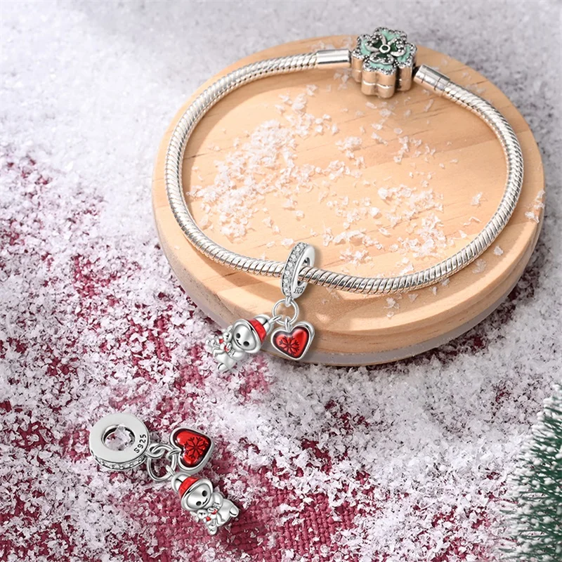 New 925 Sterling Silver Christmas Snowman Set Charms Pendant Fit Original Bracelet DIY Women Exquisite Christmas Jewelry Gifts