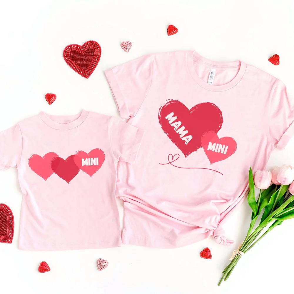 Mama Mini Print Valentine Family Matching Outfits Mommy Kids T-shirt Family Clothes Valentine Party Shirt Valentines Gift Tee