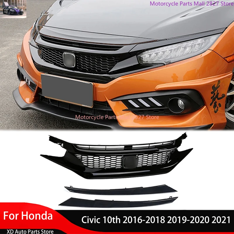 Front Hood Grille Racing Bumper Grill Exterior Accessories for Honda Civic 10th 2016-2018 2019-2020 2021 Black Intake Grille