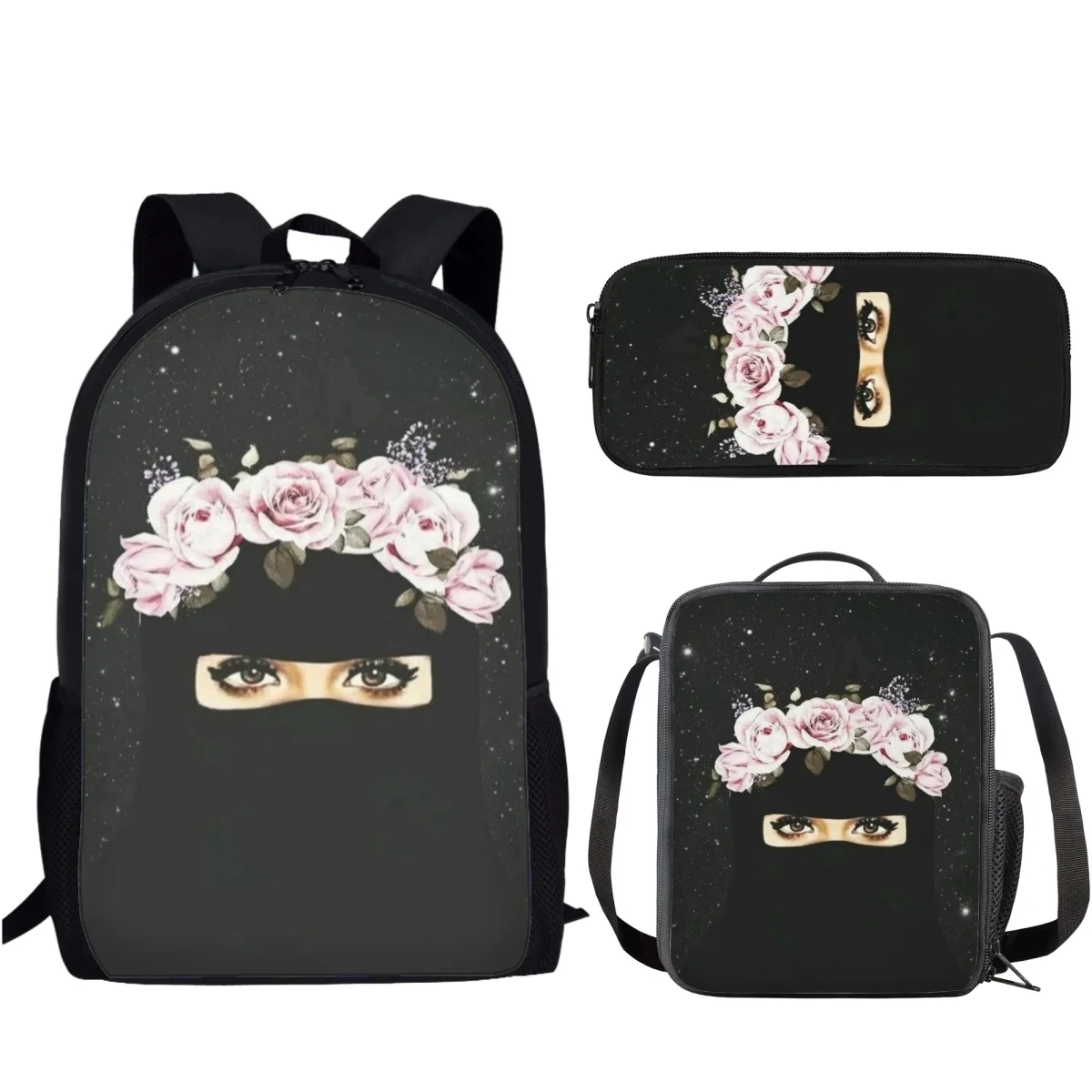 Face Muslim Islamic Girl Eyes 3 Set School Bag Lightweight Backpack for Teen Boys Girl Casual School Bag Lunch Bag Pencil Case