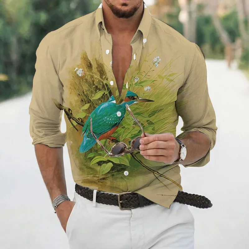 

New summer Hawaiian bird flower shirt for men 3D printed long-sleeved animal shirt beach vacation large size T-shirt for men 6XL