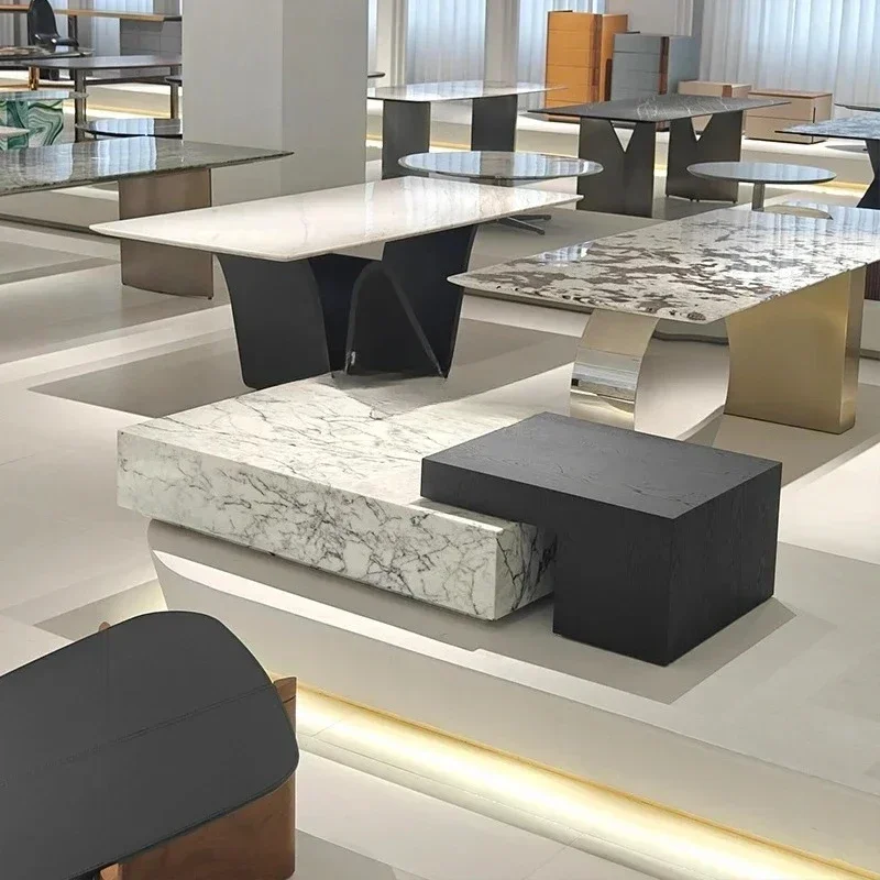 yh Living room household marble coffee table modern simple rectangular double color solid wood pattern