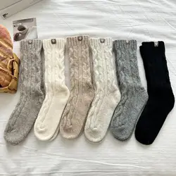 Knitted Wool Warm Socks Japanese Korean Casual Solid Color Simple Style Mid-Calf Length Socks Twist Striped Socks